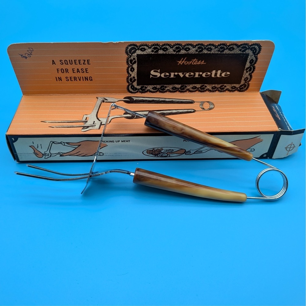 Vintage Hostess Serverette In Box - Retro Mechanical Meat Serving Fork MCM